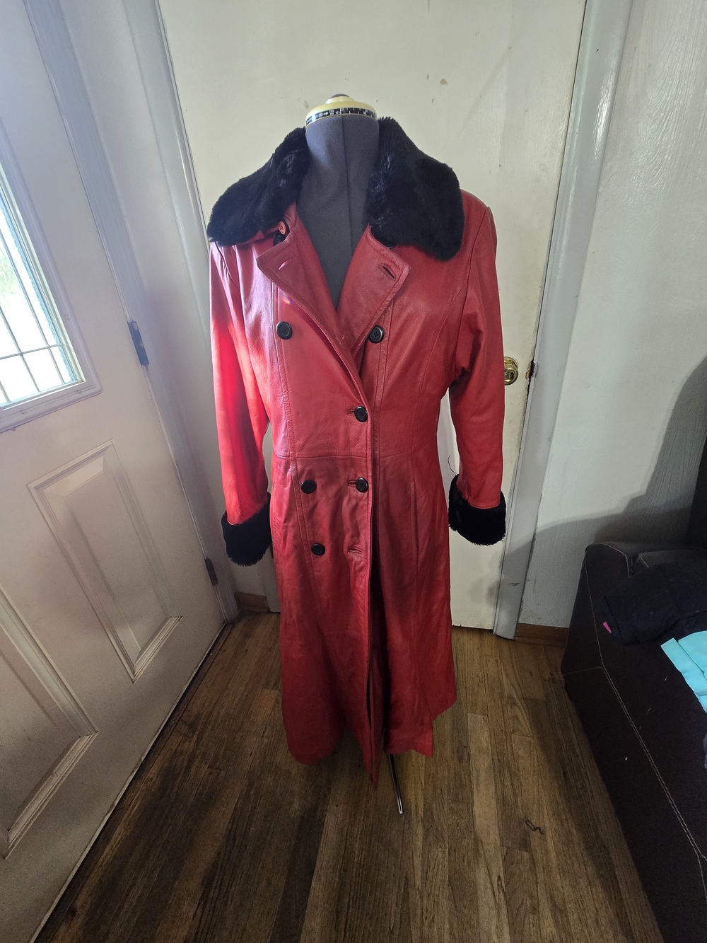 Classic Red Long Leather Coat with Black Faux Fur Trim